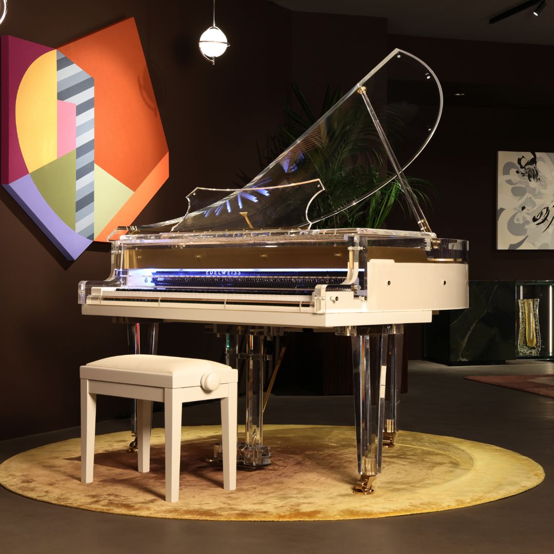 The Transparent S132 by Edelweiss Pianos on display at the Pacific Design Center in Los Angeles