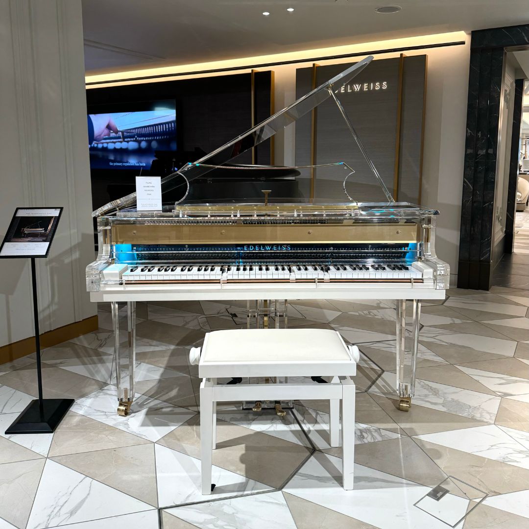 The Transparent S132 by Edelweiss Pianos on display in Harrods, London