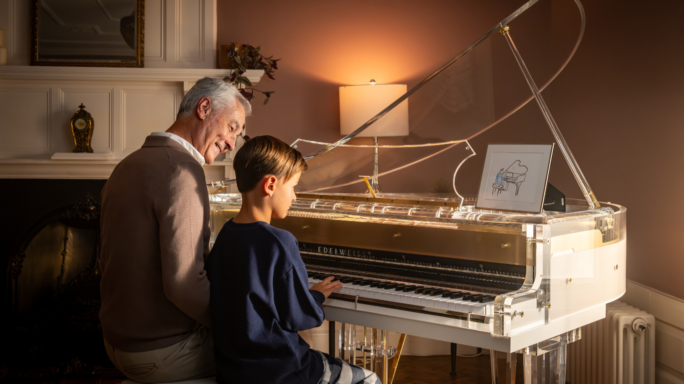 Actors sat at the piano on set of The Ultimate Gift at Edelweiss Pianos