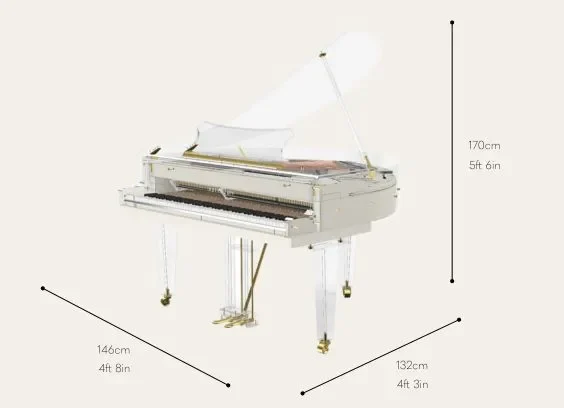 The dimensions of The Transparent S132 by Edelweiss Pianos